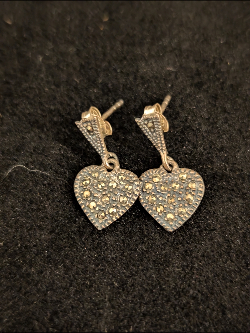 Heart Drop Marcasite Earrings - 925 Silver Mark